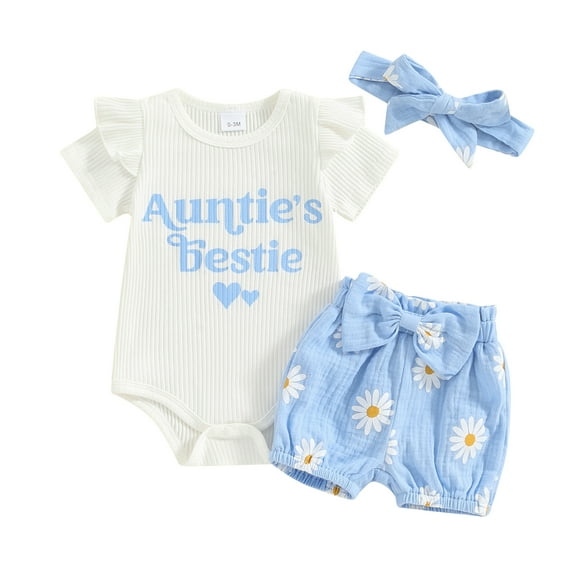 Jxzom Infant Baby Girl Summer Clothes 3 6 9 12 18 Monthes Short Sleeve Letter Print Romper+Daisy Shorts+Hairband 3Pcs Aunties Outfit