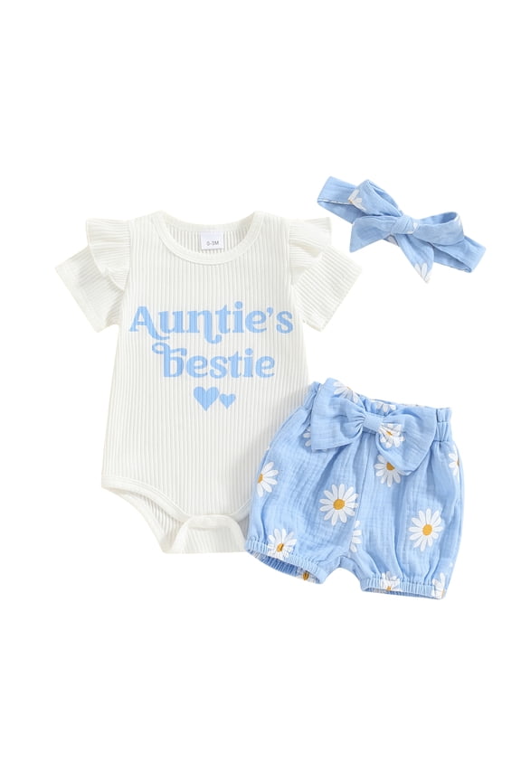 Infant Baby Girl Summer Clothes 3 6 9 12 18 Monthes Short Sleeve Letter Print Romper+Daisy Shorts+Hairband 3Pcs Aunties Outfit