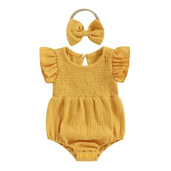 Jxzom Infant Baby Girl Summer Romper Outfits 0 3 6 12 18 Months Solid Color Cotton Jumpsuit and Bow Headband Clothes Set