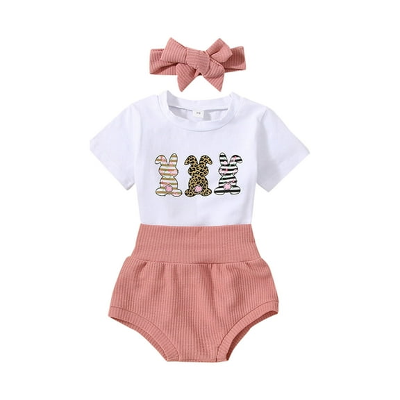 Jxzom Infant Baby Girls Easter Outfit 3 6 12 18 24 Months Short Sleeve Rabbit Print Romper Elastic Waist Shorts with Hairband 3Pcs Clothes Set
