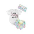 thumbnail image 1 of Jxzom Infant Baby Girls Easter Outfit 3 6 12 18 24 Months Short Sleeve Rabbit Print Romper Elastic Waist Shorts with Hairband 3Pcs Clothes Set, 1 of 7