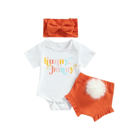 Jxzom Infant Baby Girls Easter Outfit 3 6 12 18 24 Months Short Sleeve Rabbit Print Romper Elastic Waist Shorts with Hairband 3Pcs Clothes Set