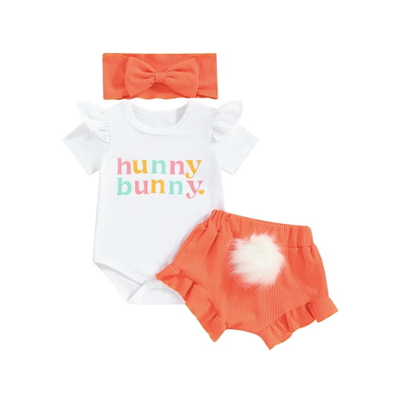 Jxzom Infant Baby Girls Easter Outfits 0 3 6 12 18 Months Letter Print Romper Tees Bunny Tail Shorts Headband Rabbit Clothes Set
