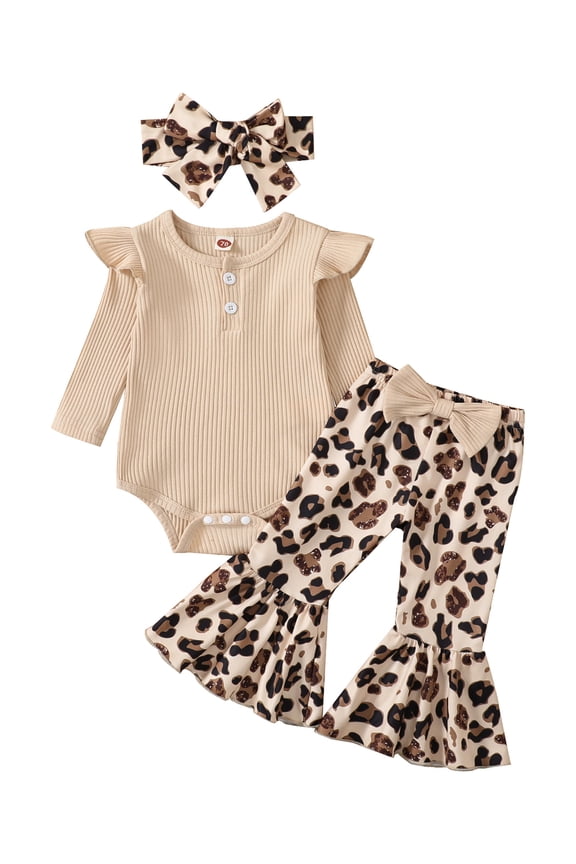 Infant Newborn Baby Girl Western Clothes Ribbed Long Sleeve Romper Flared Pants Headband Set 3pcs Fall Winter Outfits