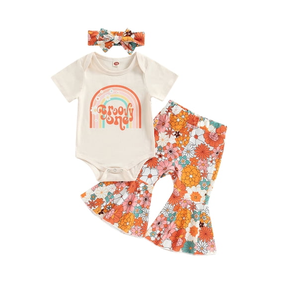 Jxzom Infant Toddler Baby Girl Birthday Clothes Groovy One/Two Groovy Romper Tops Flower Flared Pants Bell Bottoms Headband Set