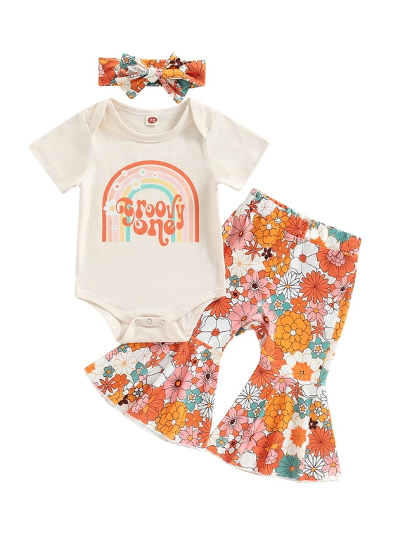 Infant Toddler Baby Girl Birthday Clothes Groovy One/Two Groovy Romper Tops Flower Flared Pants Bell Bottoms Headband Set
