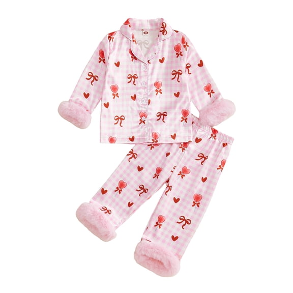 Jxzom Kids Girl Valentine's Day Pajamas Set 0-9 Years Bow Plaid Print Lapel Long Sleeve Button Down Tops with Pants Plush Cuffs Sleepwear Set