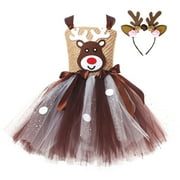 Jxzom Kids Toddler Baby Girl Deer Costume Christmas Outfit Mesh Tulle Xmas cosplay Tutu Dress with Antler Headband