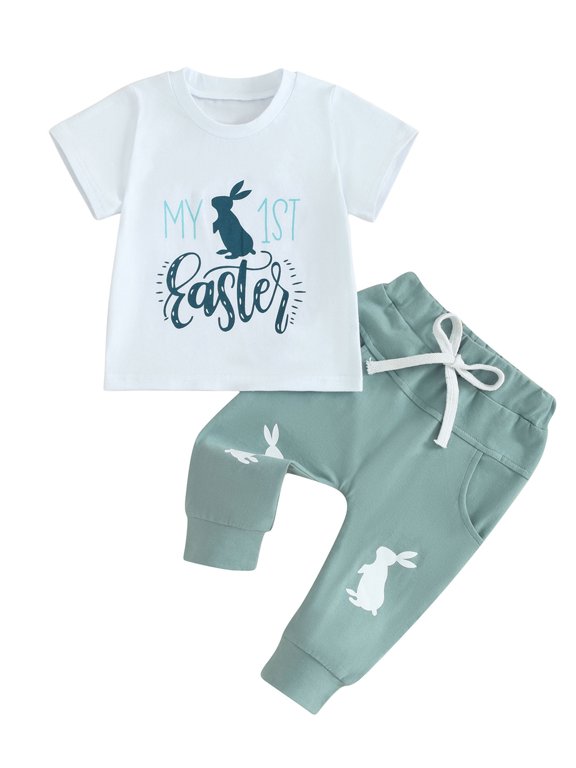 My First Easter Baby Boy Outfit Bunny Letter Print Short Sleeve T-Shirt Bunny Pants 0 3 6 12 18 Months Summer Clothes Set