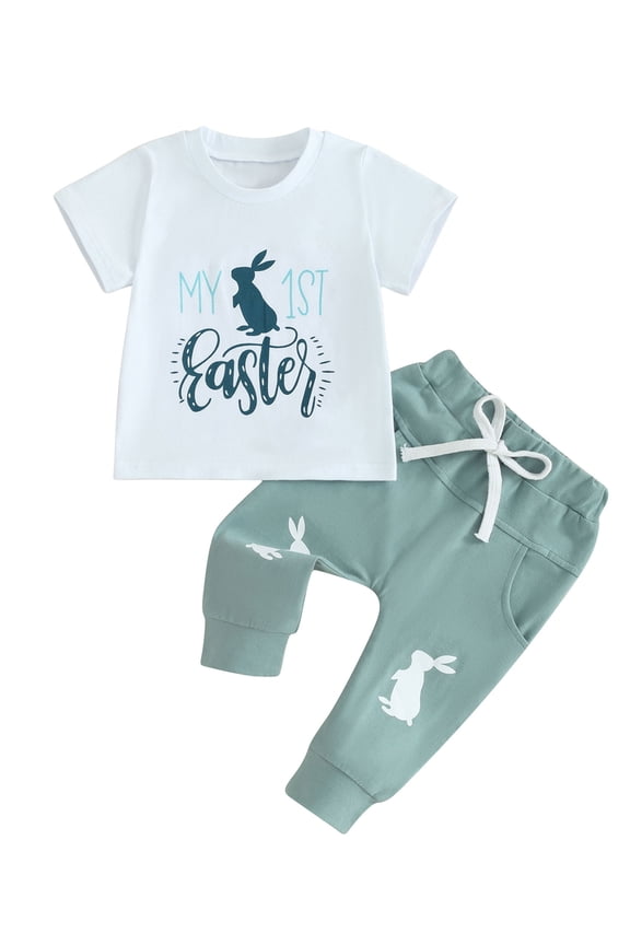 My First Easter Baby Boy Outfit Bunny Letter Print Short Sleeve T-Shirt Bunny Pants 0 3 6 12 18 Months Summer Clothes Set