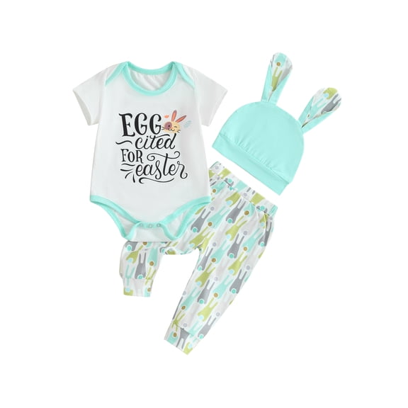 Jxzom My First Easter Baby Girl Boy Outfit Bunny Romper Bodysuit Pants Bunny Ear Hat 0 3 6 9 12 18 Months 3Pcs Summer Clothes Set