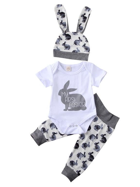 My First Easter Newborn Infant Baby Girl boy Outfit 3M 6M 12M 24M Short Sleeve Bunny Romper Pants hat 3Pcs Clothes Set