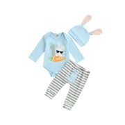 Jxzom My First Easter Outfits 3Pcs Baby Boys Girls Long Sleeve Bunny Print Romper Tops Pants Bunny Ear Hat Set Easter Outfit