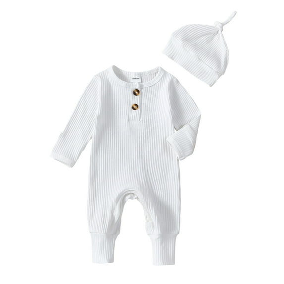 Jxzom Newborn Baby Boy Girl Clothes Ribbed Romper Solid Long Sleeve Knit Bodysuit Jumpsuit Hat 2Pcs Coming Home Outfit