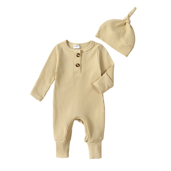 Jxzom Newborn Baby Boy Girl Clothes Ribbed Romper Solid Long Sleeve Knit Bodysuit Jumpsuit Hat 2Pcs Coming Home Outfit