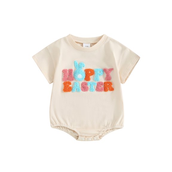Jxzom Newborn Baby Boy Girl Easter Outfit 0 3 6 12 18 Months Fuzzy Letter Embroidery Romper Short Sleeve Crewneck Sweatshirt Bodysuit