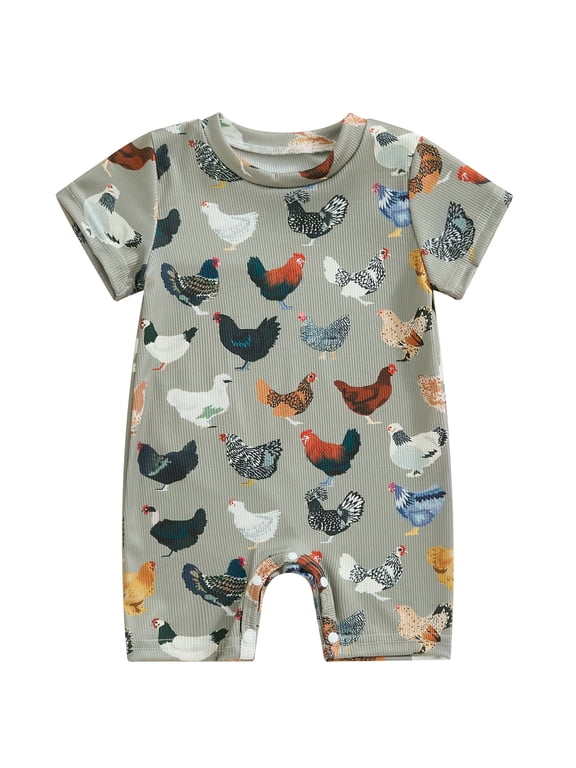 Newborn Baby Boy Girl Farm Outfits 0 3 6 9 12 Months Chicken Print Short Sleeve Jumpsuit Crewneck Romper Bodysuit Summer Clothes
