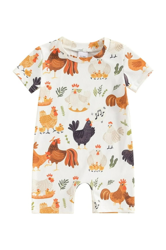 Newborn Baby Boy Girl Farm Outfits 0 3 6 9 12 Months Chicken Print Short Sleeve Jumpsuit Crewneck Romper Bodysuit Summer Clothes