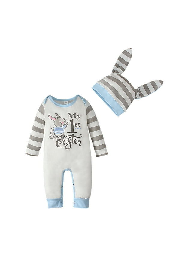 Newborn Baby Boy Girl My 1st Easter Outfit Long Sleeve Bunny Letter Romper Rabbit Hat 2Pcs Clothes Set