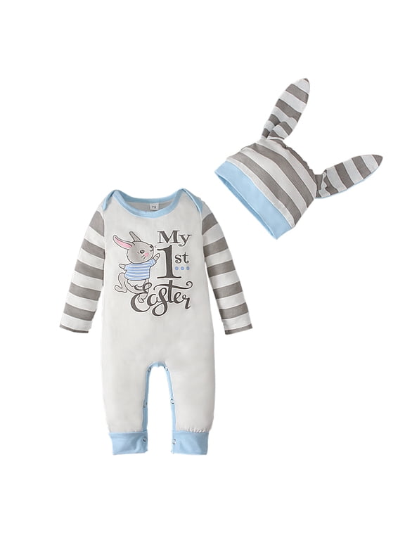 Newborn Baby Boy Girl My 1st Easter Outfit Long Sleeve Bunny Letter Romper Rabbit Hat 2Pcs Clothes Set