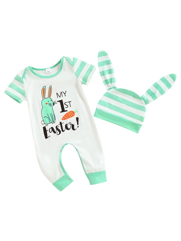 Newborn Baby Boy Girls My First Easter Outfits 0 6 12 18 24 Months Short Sleeve Letter Rabbit Print Jumpsuit Romper with Bunny Hat