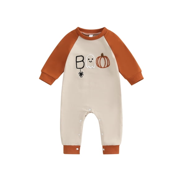 Jxzom Newborn Baby Boy Halloween Outfit Letter Ghost Spider Embroidery Contrast Color Jumpsuit 0-18 Months Long Sleeve Romper Bodysuit