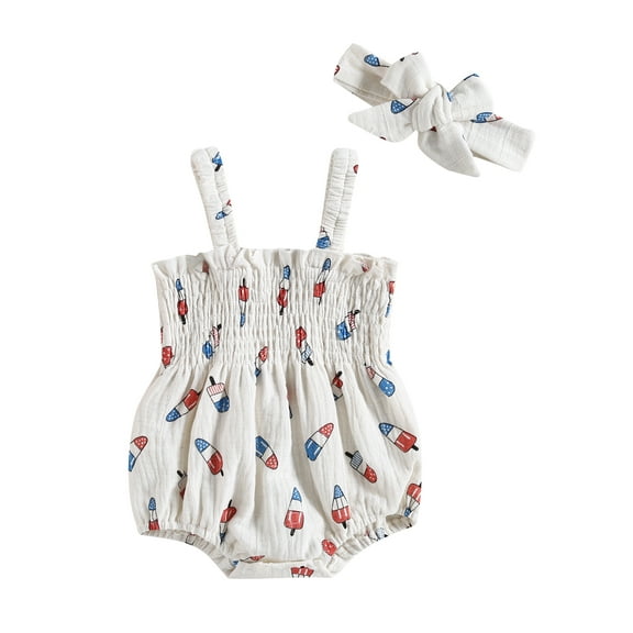 Jxzom Newborn Baby Girl 4th of July Outfit Ice Cream Sleeveless Ruched Romper Headband 3 6 12 18 Independence Day Clothes