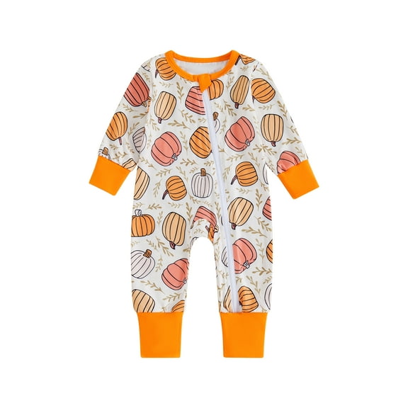 Jxzom Newborn Baby Girl Boy Halloween Rompers Clothes Cute Pumpkin Print Crewneck Long Sleeve Jumpsuit 0 3 6 12 Months Halloween Outfits