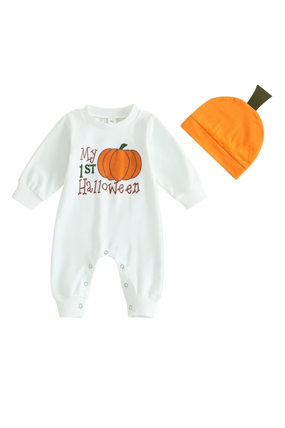 Newborn Baby Girl Boy My First Halloween Outfit Pumpkin Letter Print Long Sleeve Jumpsuits Romper Fall Winter Bodysuits with Hat