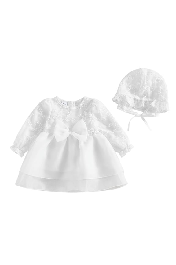 Newborn Baby Girl Christening Dress White Baptism Lace Long Sleeve Fall Wedding Dresses with Bonnet Hat Outfit