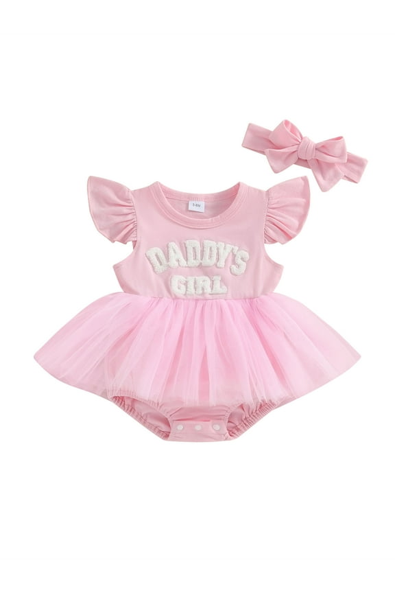 Newborn Baby Girl Daddys Girl Clothes 0 3 6 12 18 Months Letter Embroidery Mesh Romper Dress Headband Cute Summer Clothes