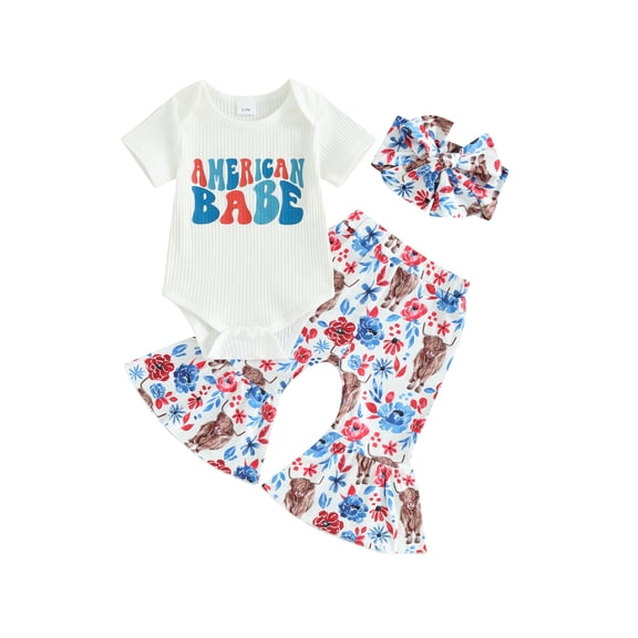 Jxzom Newborn Baby Girl My First 4th Of July Outfit 3 6 12 18 Months Short Sleeve Romper Romper Shirt Top Flare Pants Headband Set