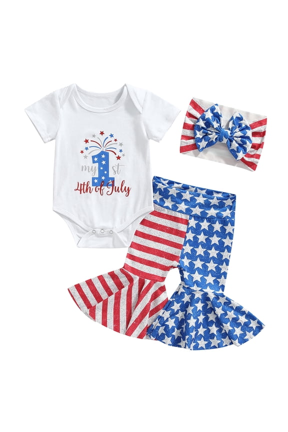 Newborn Baby Girl My First 4th Of July Outfit 3 6 12 18 Months Short Sleeve Romper Romper Shirt Top Flare Pants Headband Set