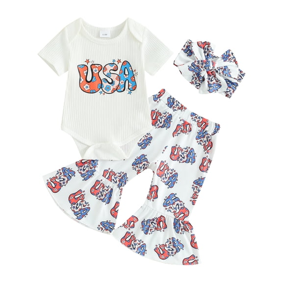 Jxzom Newborn Baby Girl My First 4th Of July Outfit 3 6 12 18 Months Short Sleeve Romper Romper Shirt Top Flare Pants Headband Set