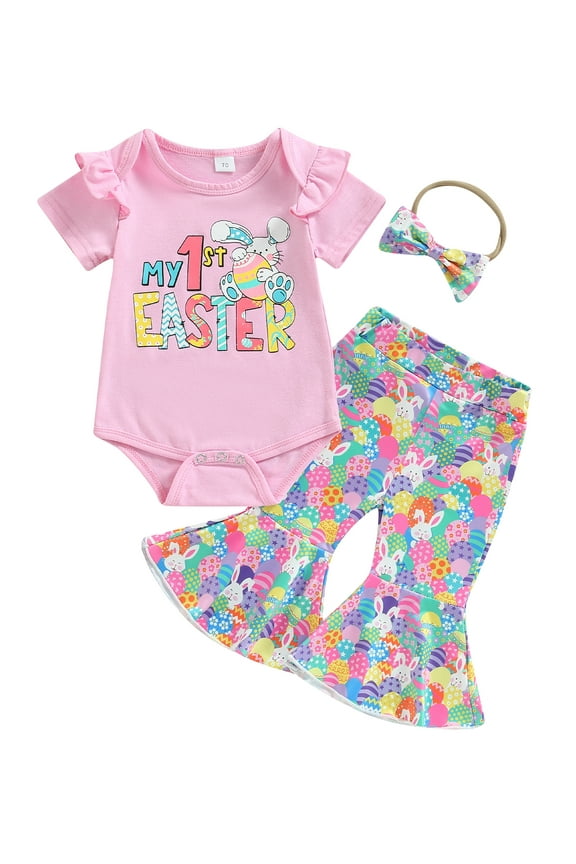 Newborn Baby Girl My First Easter Outfit 3 6 12 18 Months Bunny Colorful Eggs Print Ruffle Romper Flared Pants Headband Set