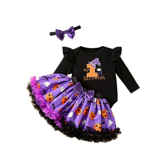 Jxzom Newborn Baby Girl My First Halloween Outfit Boo Letter Print Long Sleeve Sweatshirt Top Pumpkin Ghost Skirt With Headband 3Pcs Cute Clothes Set