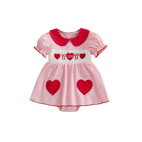 Jxzom Newborn Baby Girl Valentines Outfit Puff Short Sleeve Somcked Romper Dress Heart Bow Embroidery Plaid Jumpsuit Infant Cute Valentines Clothes