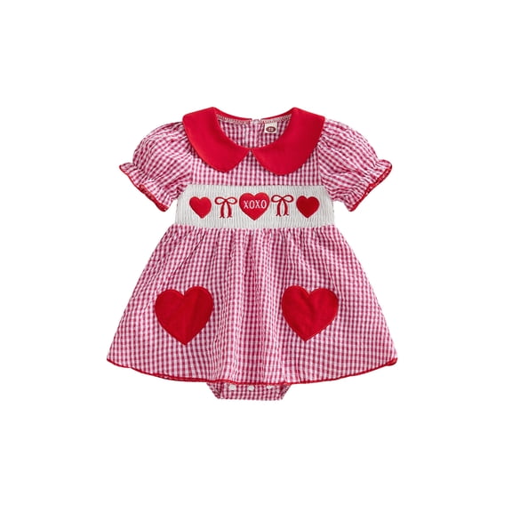 Jxzom Newborn Baby Girl Valentines Outfit Puff Short Sleeve Somcked Romper Dress Heart Bow Embroidery Plaid Jumpsuit Infant Cute Valentines Clothes