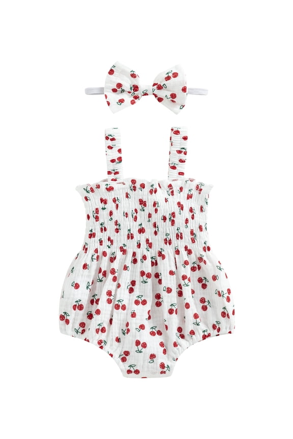 Newborn Baby Girls Summer Clothes Cherry/Carrot/Tree Print Sleeveless Ruffle Romper Smocked One-Piece Bodysuit Jumpsuit
