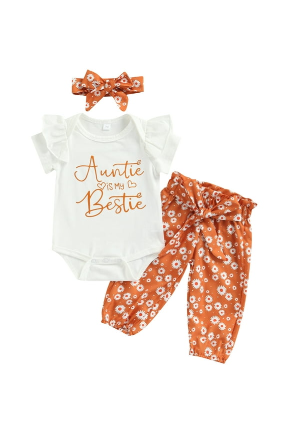 Newborn Infant Baby Girls Clothes Set 0 3 6 12 18 Months Auntie Saying Letter Rompers Floral Daisy Pants Headband