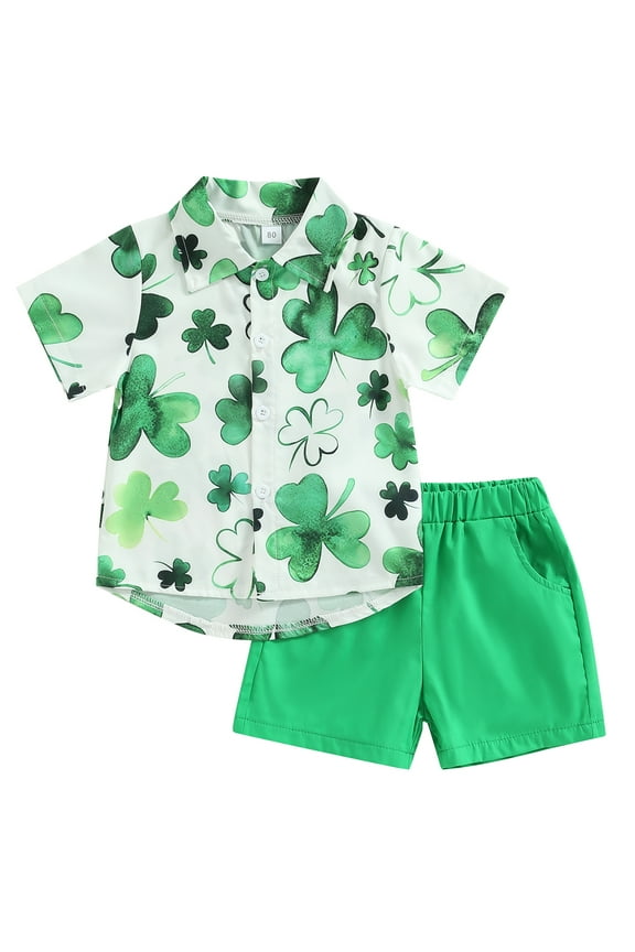 St. Patrick's Day Toddler Baby Boy Outfits 12M 18M 2T 3T 4T 5T Shamrock Print Short Sleeve Lapel Shirt + Shorts Summer Clothes Set