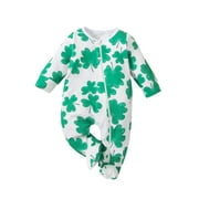 Jxzom St.Patrick's day Newborn Baby Boy Girl Pajamas Jumpsuit Long Sleeve Footies Four Leaf Clover Print Zipper Homewear Romper