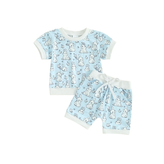 Jxzom Toddler Baby Boy Easter Outfit 3 6 12 18 Months 2T 3T Bunny Print Short Sleeve T-Shirt and Shorts Summer Clothes Set
