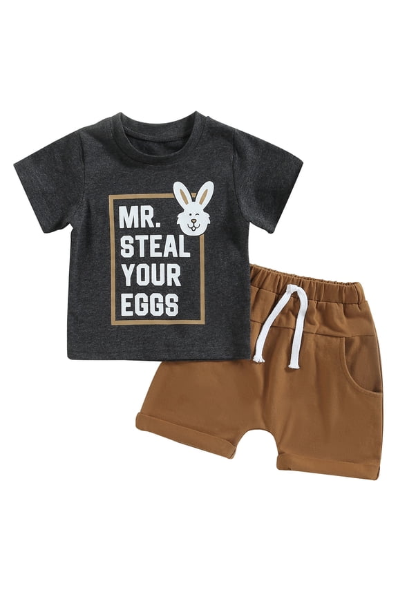 Toddler Baby Boy Easter Outfit 6M 12M 2T 3T 4T 5T Mr Steal Your Eggs Short Sleeve Bunny Print T Shirt Tops Summer Clothes Sets
