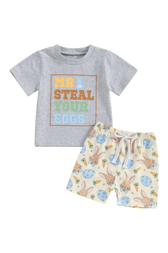 Toddler Baby Boy Easter Outfits 6M 12M 18M 2T 3T 4T Mr Steal Your Eggs Shirt Tops+ Bunny Egg Short Pants Summer Clothes Set