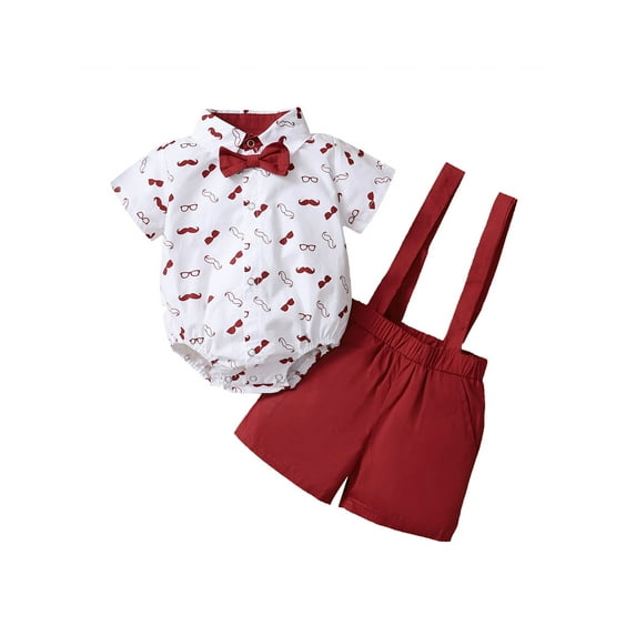 Jxzom Toddler Baby Boy Gentleman Outfits Suits Beard Print Short Sleeve Bow Tie Romper+Overall Shorts 3 6 12 18 Months Summer Clothes Set