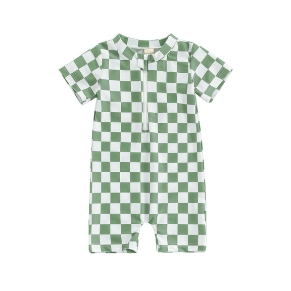 Jxzom Toddler Baby Boy Rash Guard Swimsuit Checkered Short Sleeve One Piece Zipper Bathing Suit Beach Swimwear Sunsuit 6M-4Y