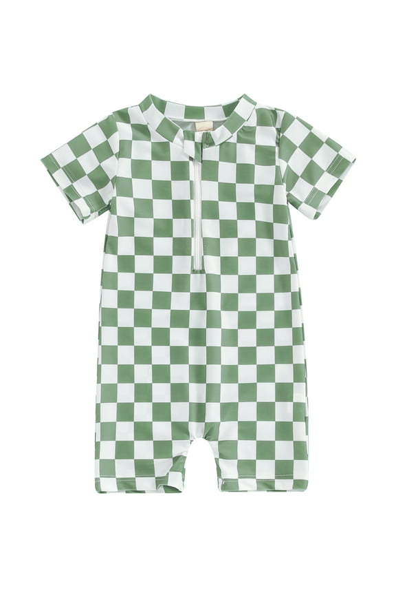 Toddler Baby Boy Rash Guard Swimsuit Checkered Short Sleeve One Piece Zipper Bathing Suit Beach Swimwear Sunsuit 6M-4Y