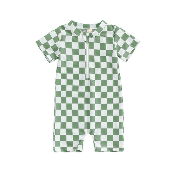 Jxzom Toddler Baby Boy Rash Guard Swimsuit Checkered Short Sleeve One Piece Zipper Bathing Suit Beach Swimwear Sunsuit 6M-4Y
