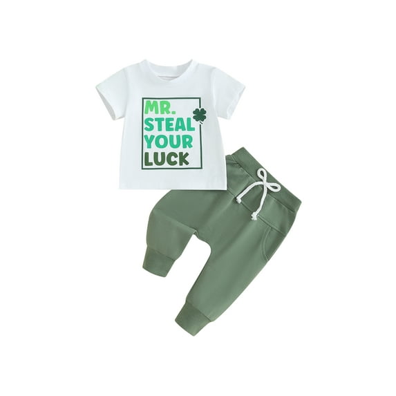 Jxzom Toddler Baby Boy St Patricks Day Outfit Mr Lucky Charm Clover Short Sleeve T-Shirts Green Pants Summer Clothes